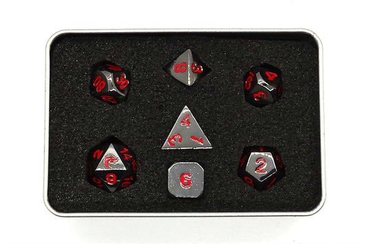 Old School 7 Piece DnD RPG Metal Dice Set: Halfling Forged - Black Nickel w/ Red