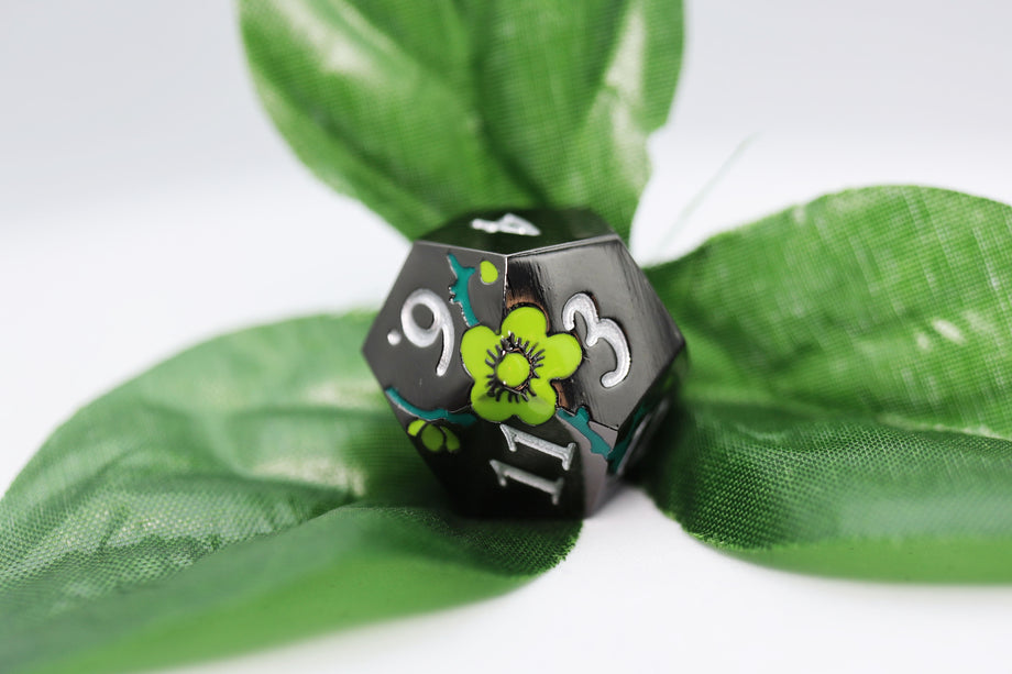 Foam Brain - Metallic Bouquet: Black with Green Orchids - Metal RPG Dice Set