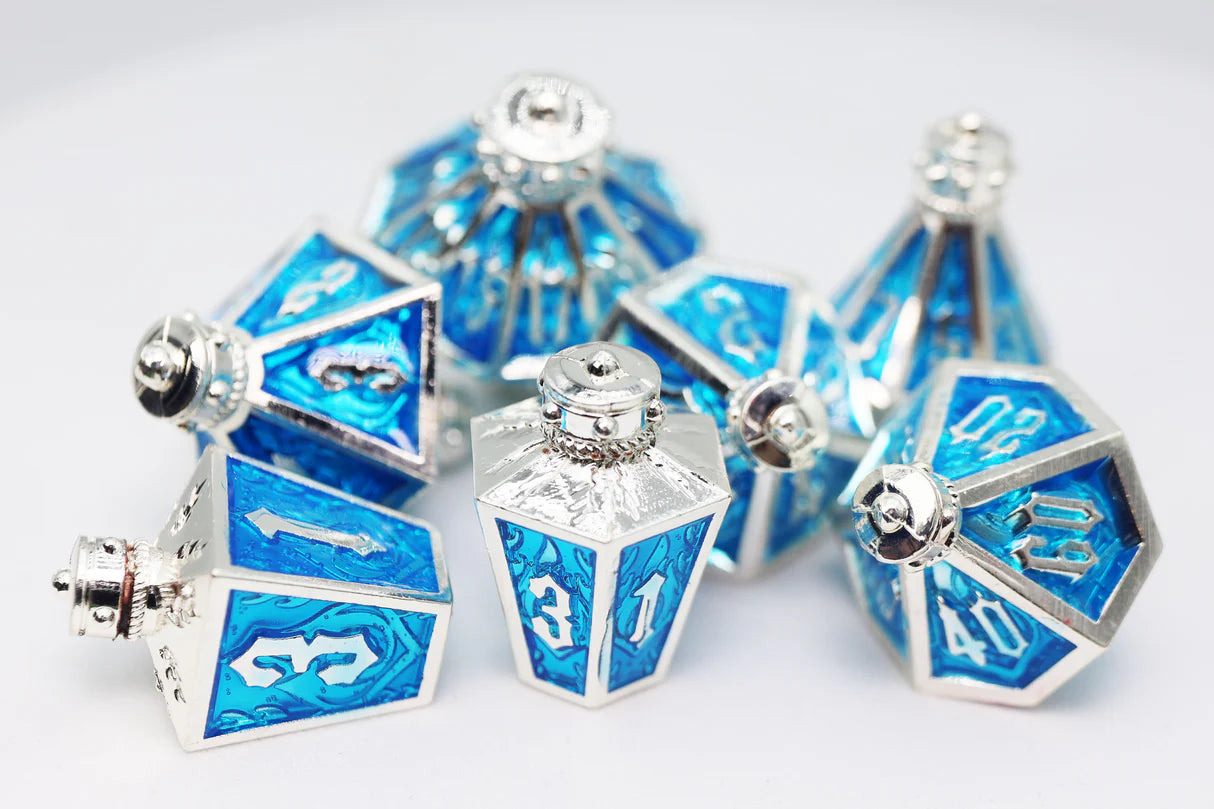 Foam Brain - Moonlit Lantern: Silvered Frostfire Metal RPG Dice Set