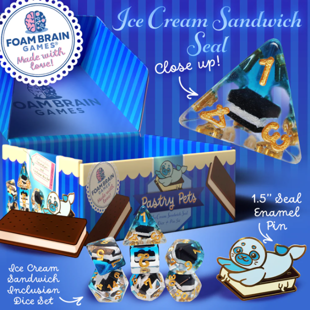Foam Brain - PASTRY PETS: ICE CREAM SANDWICH SEAL - PIN & RPG DICE SET