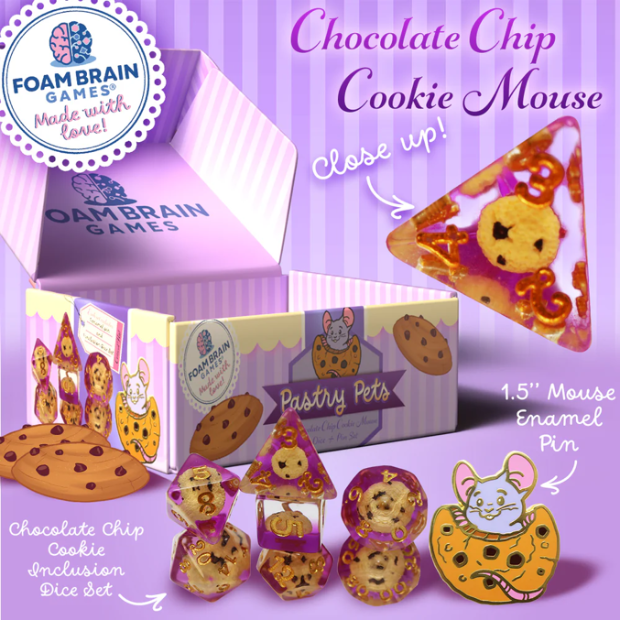 Foam Brains - PASTRY PETS: CHOCOLATE CHIP COOKIE MOUSE - PIN & RPG DICE SET