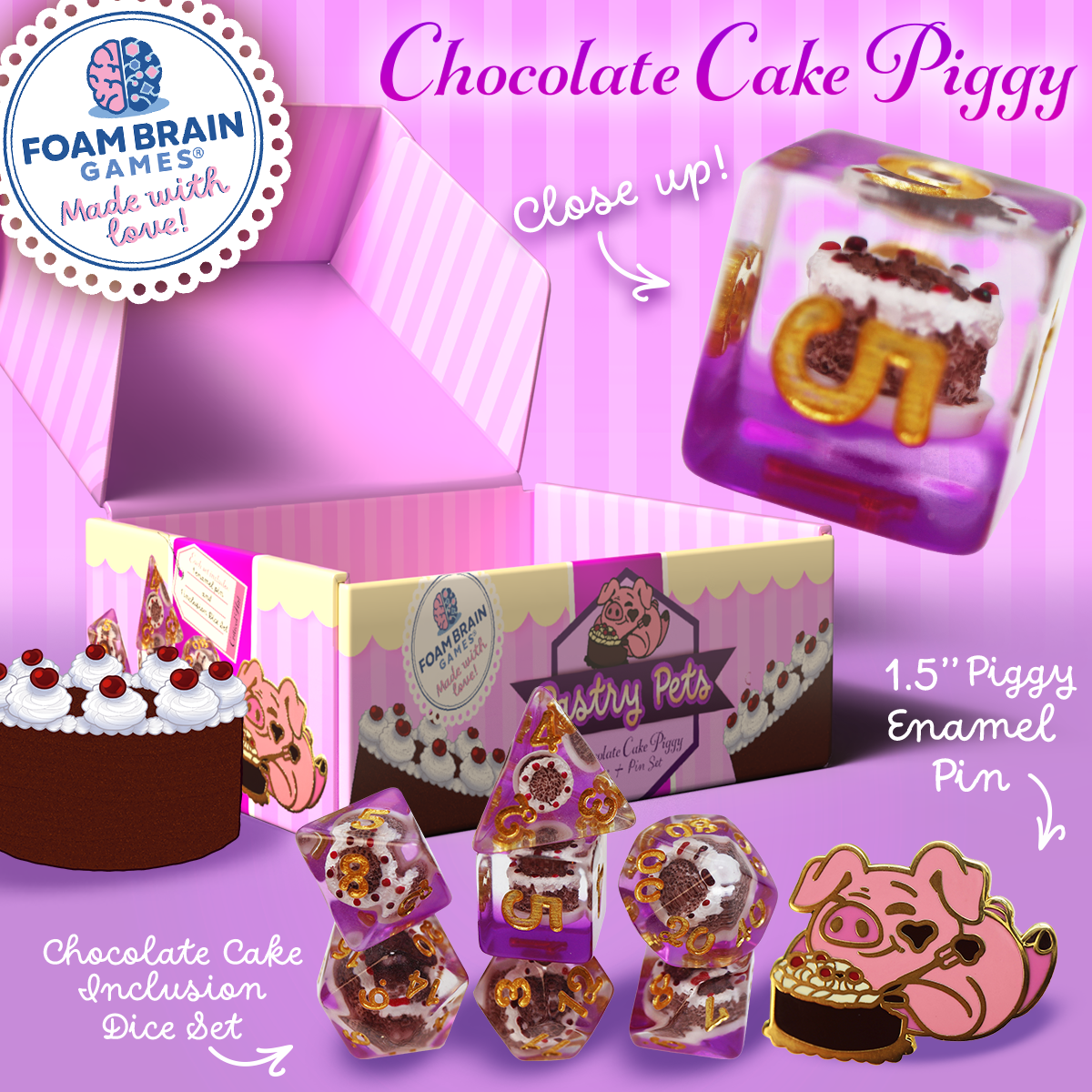 Foam Brains - PASTRY PETS: CHOCOLATE CAKE PIGGY - PIN & RPG DICE SET