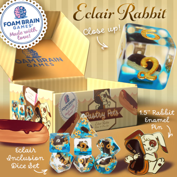 Foam Brains - PASTRY PETS: ECLAIR RABBIT - PIN & RPG DICE SET