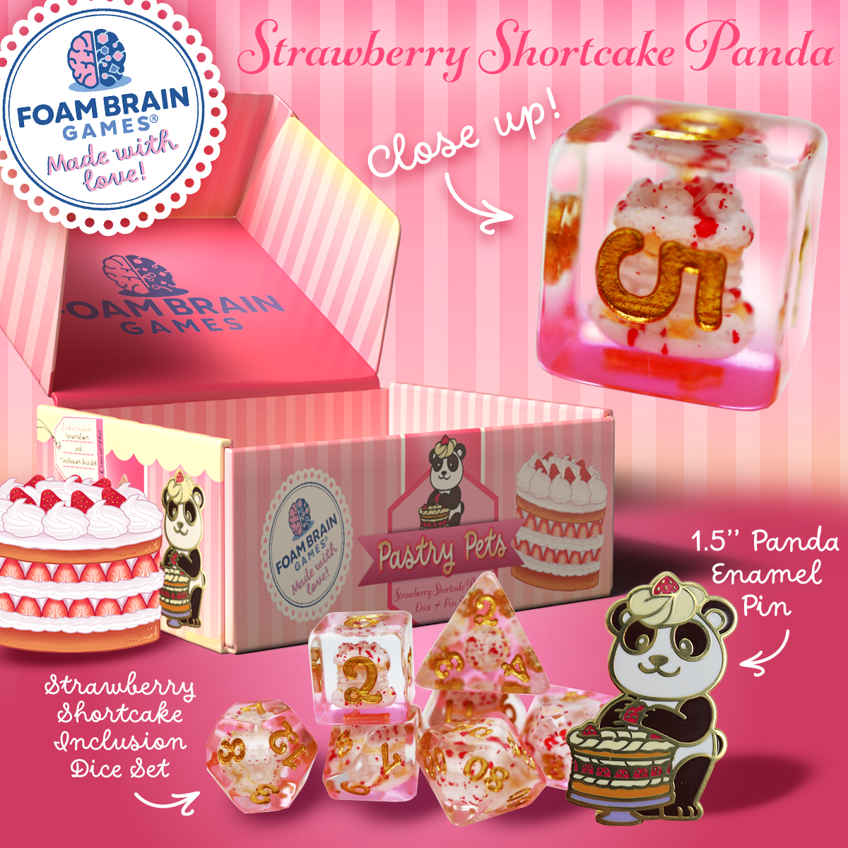 Foam Brains - PASTRY PETS: STRAWBERRY SHORTCAKE PANDA - PIN & RPG DICE SET