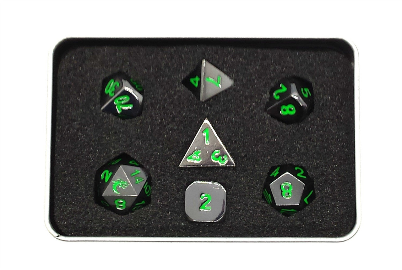 Old School 7 Piece DnD RPG Metal Dice Set: Halfling Forged - Black Nickel w/ Green