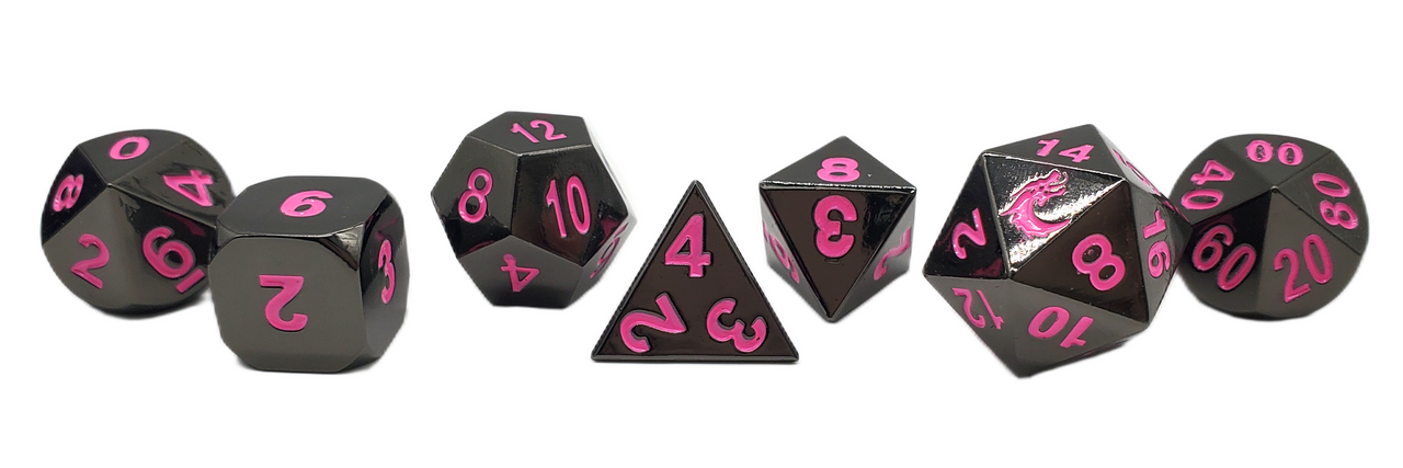 Old School 7 Piece DnD RPG Metal Dice Set: Halfling Forged - Black Nickel w/ Pink