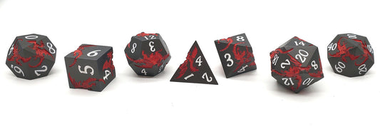 Old School 7 Piece DnD RPG Metal Dice Set: Soaring Dragon - Matte Black w/ Red