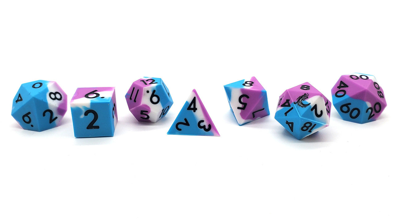 Old School Dice: Silicone 7-Piece Sets - Blue, White & Lilac
