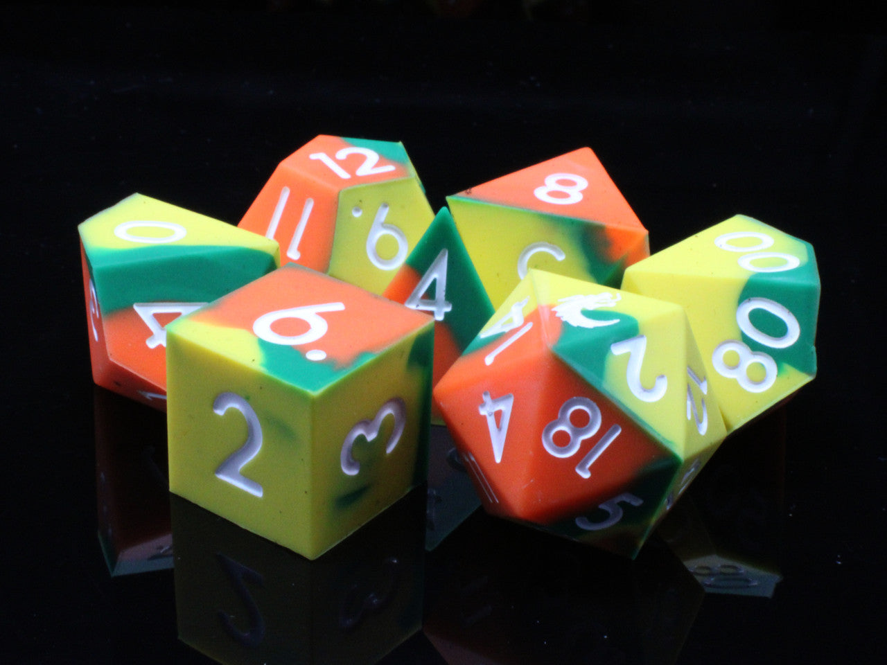 Old School Dice: Silicone 7-Piece Sets - Orange, Green & Yellow