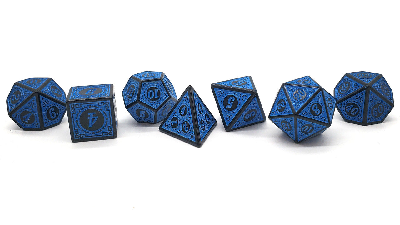 7 Piece DnD RPG Dice Set: Rune Dice - Magical Runes - Blue