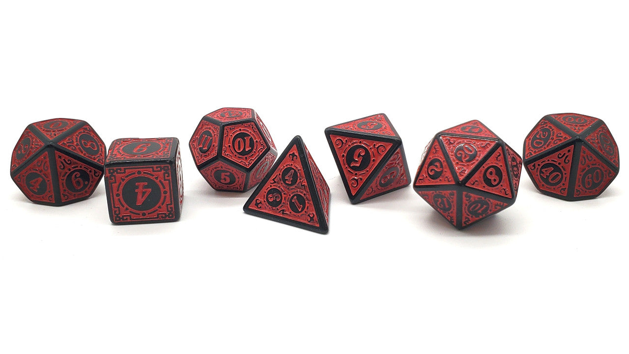 7 Piece DnD RPG Dice Set: Rune Dice - Magical Runes - Red