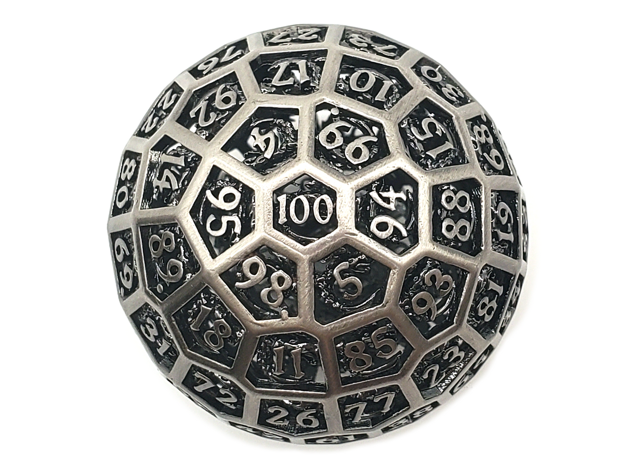 Old School Dice: Hollow Metal 50mm D100 - Dragon's Head - Ancient Silver