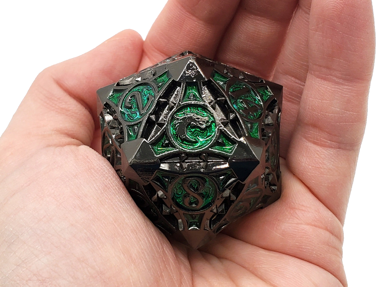 Old School Dice: Metal 40mm D20 - Gnome Forged - Black Nickel w/ Green