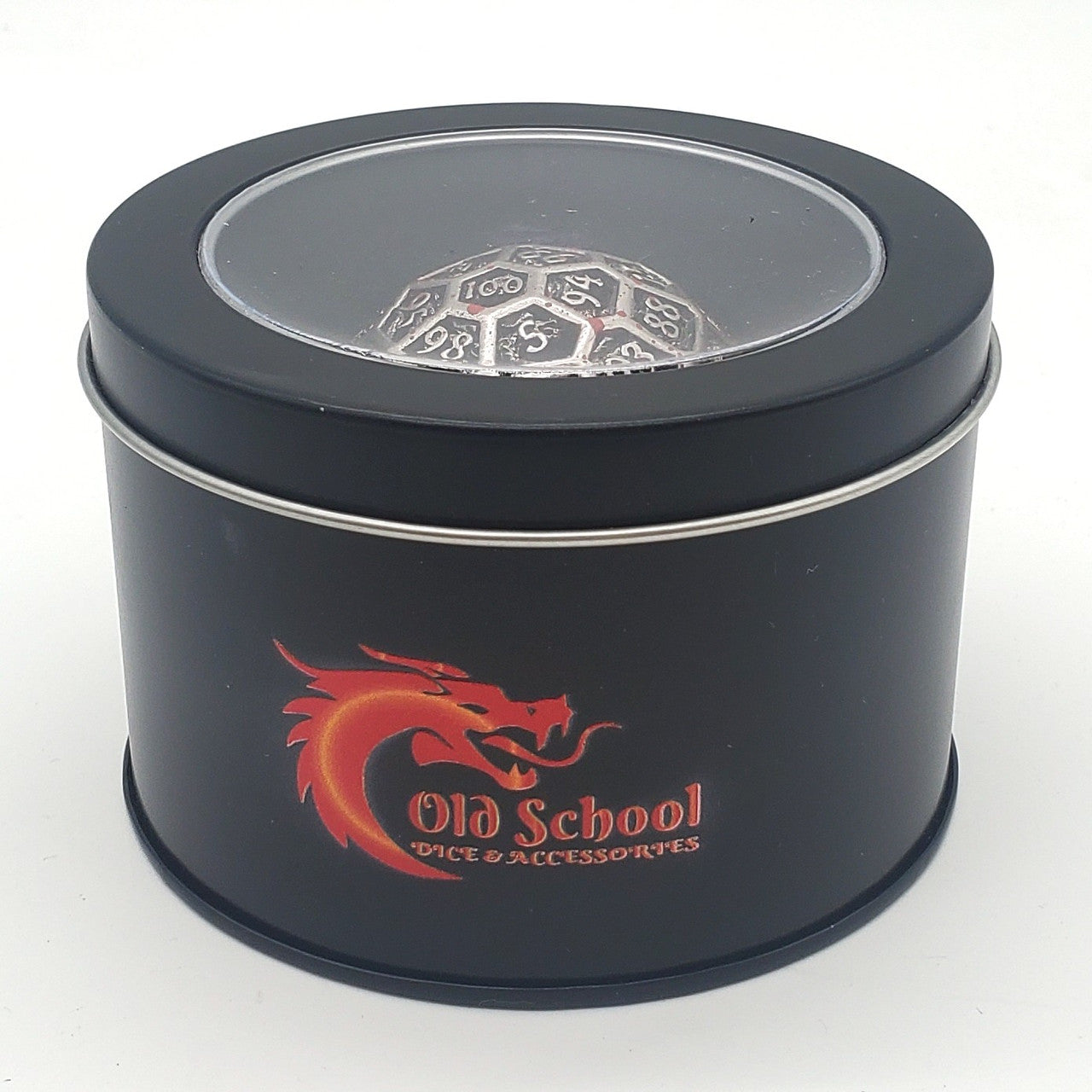 Old School Dice: Hollow Metal 50mm D100 - Dragon's Head - Ancient Silver w/ Blood