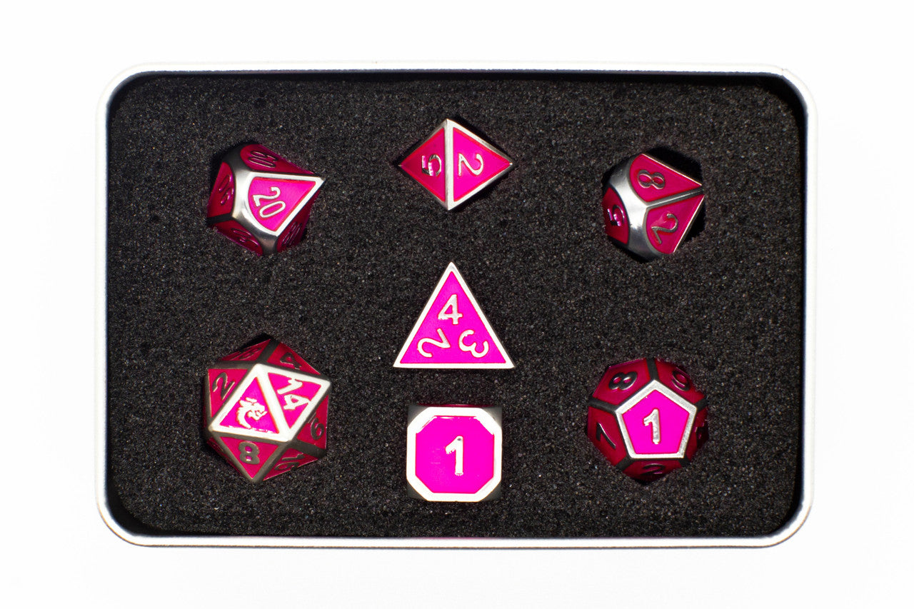 Old School 7 Piece DnD RPG Metal Dice Set: Elven Forged - Metallic Pink