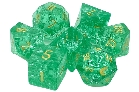 Old School Dice: Gemstone 7-Piece Set - Blast Glass - Tourmaline w/ Gold
