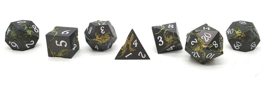 Old School 7 Piece DnD RPG Metal Dice Set: Soaring Dragon - Matte Black w/ Gold