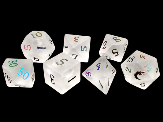 Old School Dice: Gemstone 7-Piece Set - Frosted Blast Glass - Moonstone w/ Spectral
