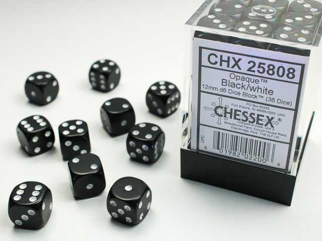 Chessex - Opaque Black/White 12mm d6 Dice Block (36 Dice)