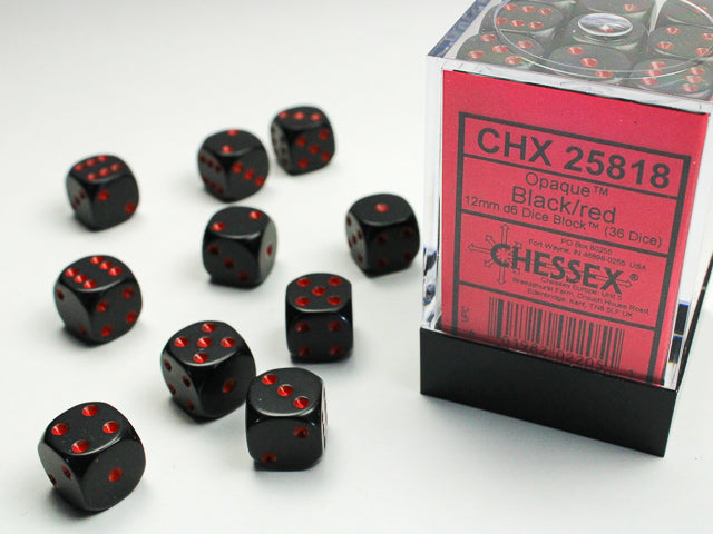 Chessex - Opaque Black/Red 12mm d6 Dice Block (36 Dice)