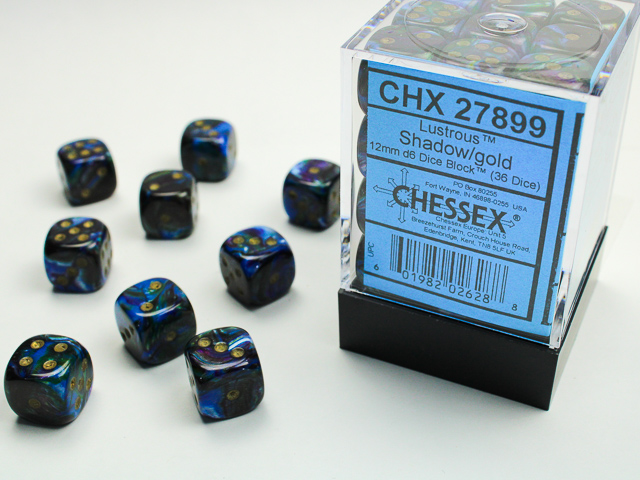 Chessex Lustrous® 12mm d6 Shadow/gold Dice Block™ (36 dice)