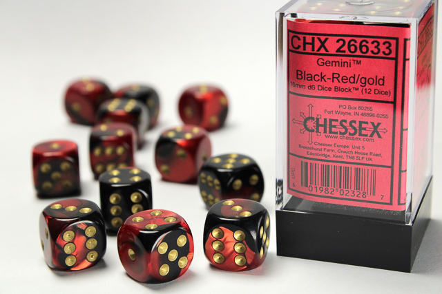 Chessex-Black-Red/Gold -Gemini-12 Die Set