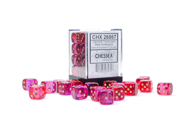 Chessex - Gemini Translucent Red-Violet/Gold 12mm d6 (36 dice)