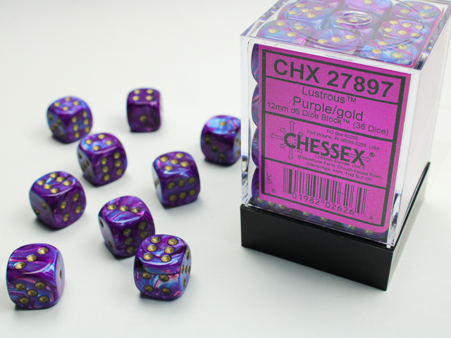 Chessex Lustrous 12mm D6 Purple/gold Dice Block (36 dice)