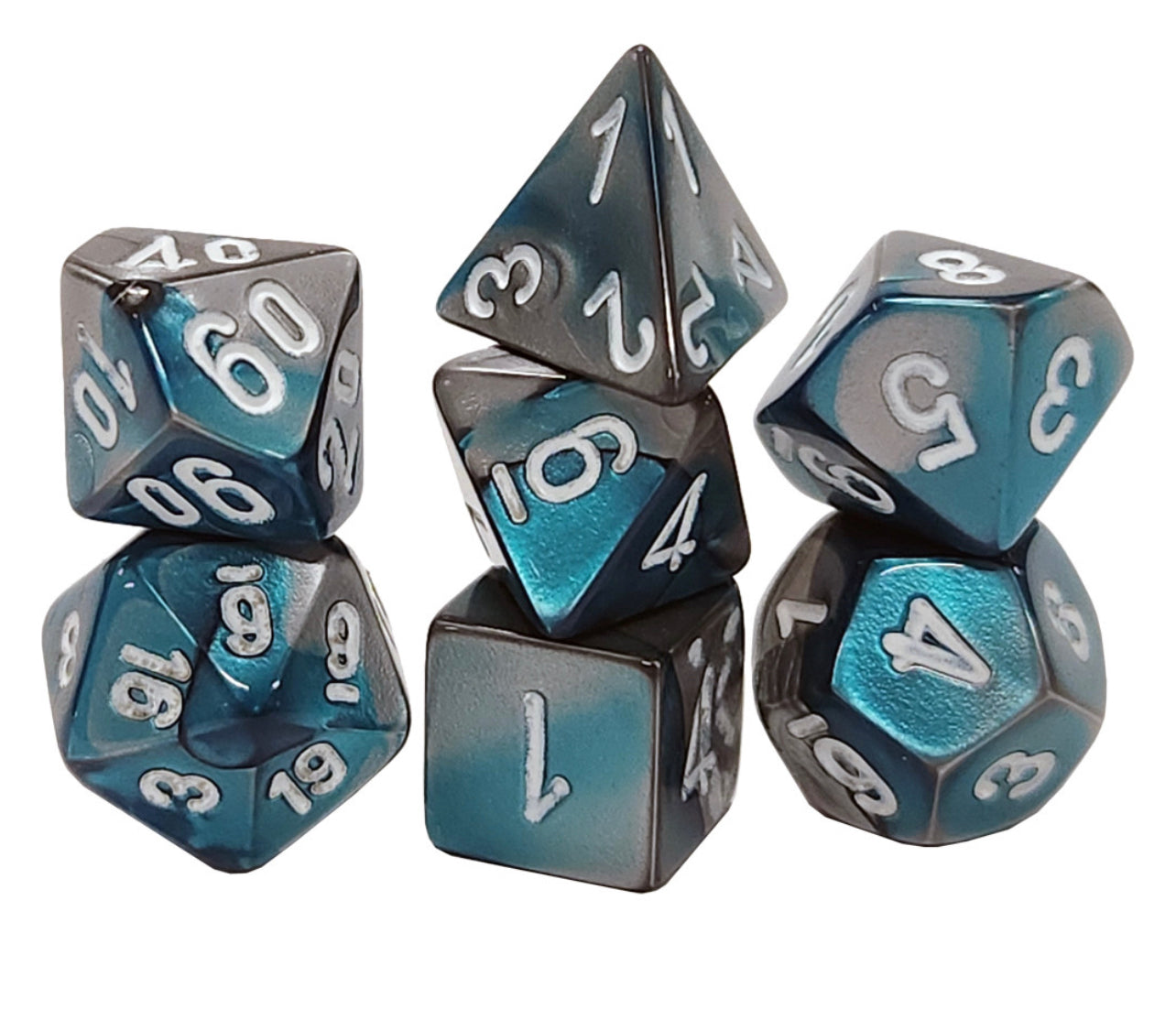 Chessex -Gemini Steel-Teal/White Mini Polyhedral 7 Die Set