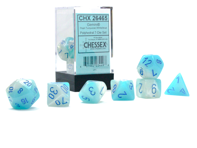 Chessex - Gemini® Polyhedral Pearl Turquoise-White/blue Luminary™ 7-Die Set
