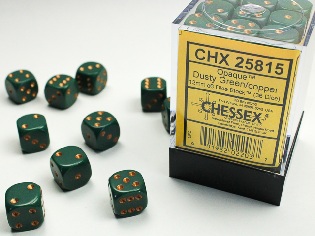 Chessex - Opaque Dusty Green/Copper 12mm d6 (36 dice)
