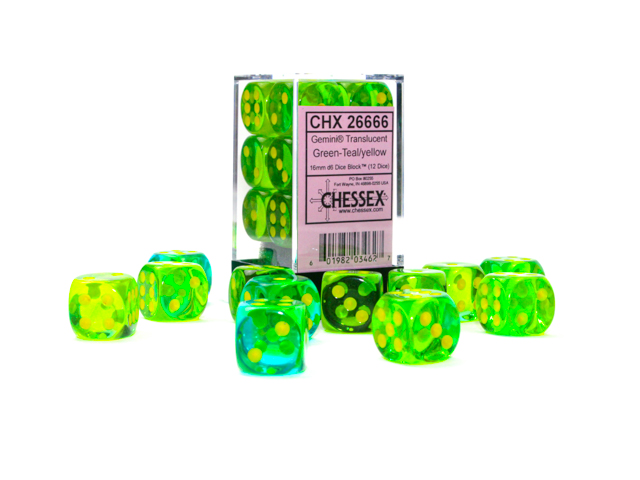 Chessex - Gemini® 16mm d6 Translucent Green-Teal/yellow Dice Block™ (12 dice)