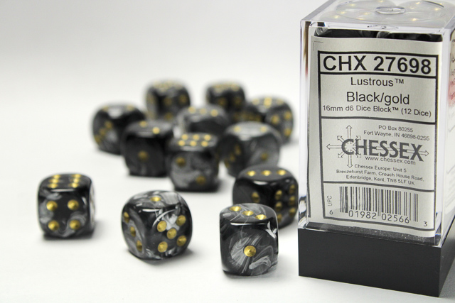 Chessex - Lustrous® 16mm d6 Black/gold Dice Block™ (12 dice)