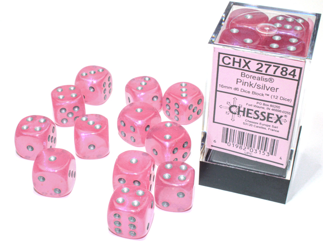 Chessex-Pink/Silver-Borealis-12 Die Set