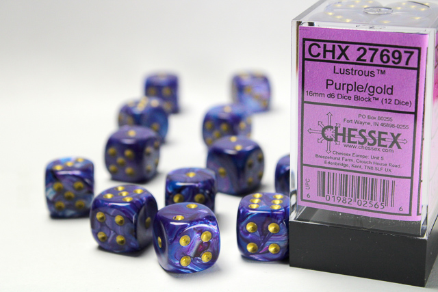 Chessex - Lustrous® 16mm d6 Purple/gold Dice Block™ (12 dice)