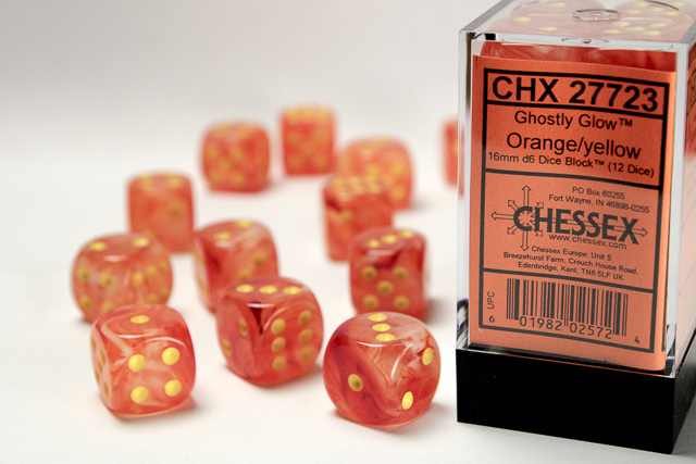 Chessex - Ghostly Glow™ 16mm d6 Orange/yellow Dice Block™ (12 dice)