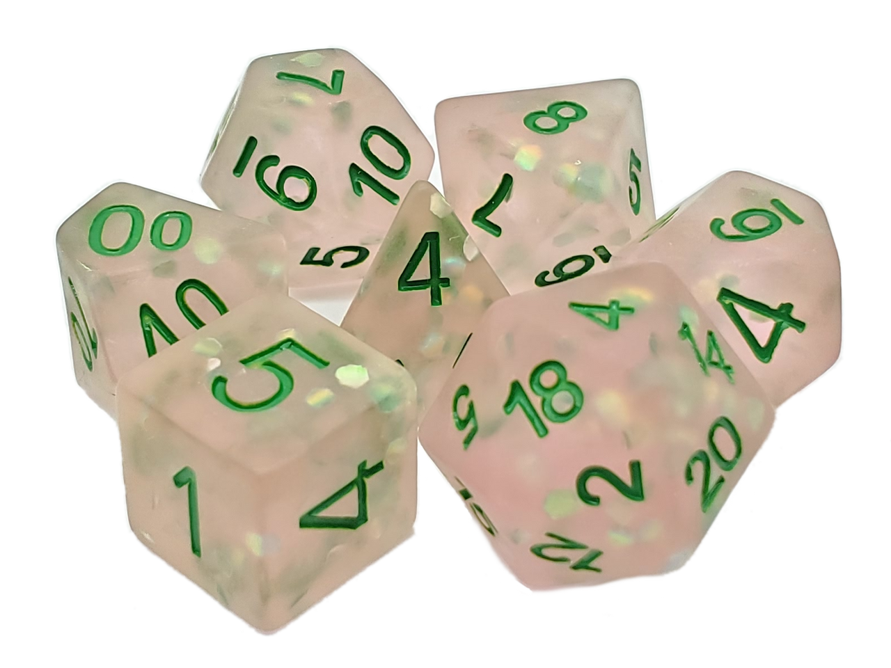 7 Piece DnD RPG Dice Set: Infused - Frosted Firefly - Pink w/ Green