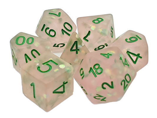 7 Piece DnD RPG Dice Set: Infused - Frosted Firefly - Pink w/ Green