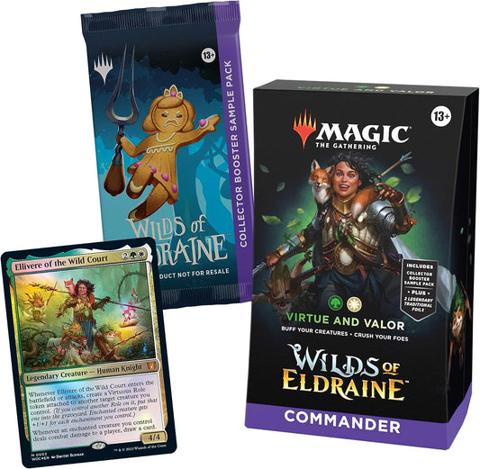 MTG - Wilds of Eldraine Commander Deck - Virtue and Valor (100-Card Deck, 2-Card Collector Booster Sample Pack + Accessories)