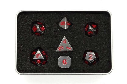 Old School 7 Piece DnD RPG Metal Dice Set: Halfling Forged - Black Nickel w/ Red