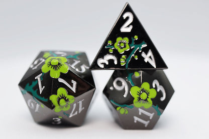 Foam Brain - Metallic Bouquet: Black with Green Orchids - Metal RPG Dice Set