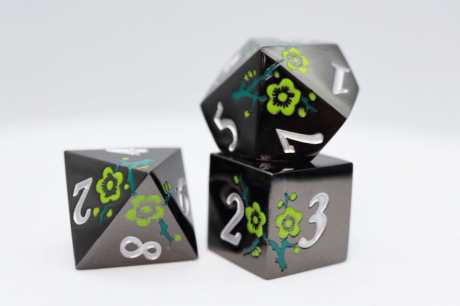 Foam Brain - Metallic Bouquet: Black with Green Orchids - Metal RPG Dice Set