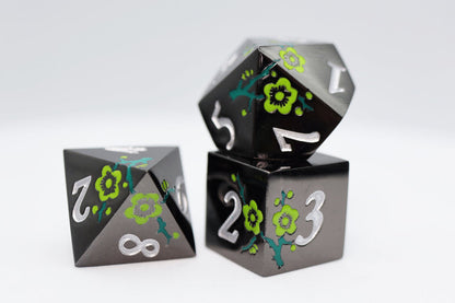 Foam Brain - Metallic Bouquet: Black with Green Orchids - Metal RPG Dice Set
