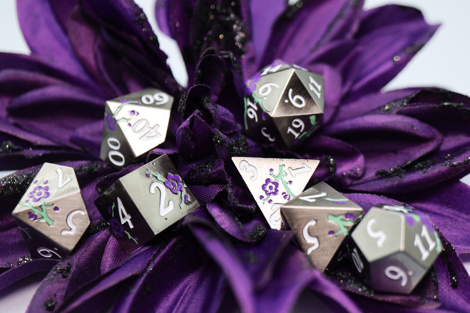 Foam Brain - Metallic Bouquet: Silver with Purple Orchids - Metal RPG Dice Set