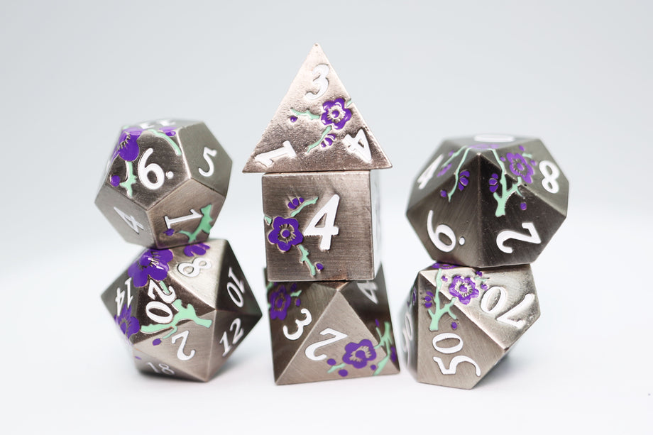 Foam Brain - Metallic Bouquet: Silver with Purple Orchids - Metal RPG Dice Set