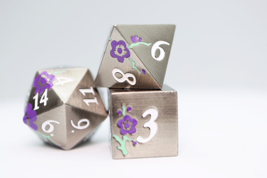 Foam Brain - Metallic Bouquet: Silver with Purple Orchids - Metal RPG Dice Set