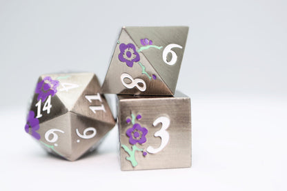 Foam Brain - Metallic Bouquet: Silver with Purple Orchids - Metal RPG Dice Set
