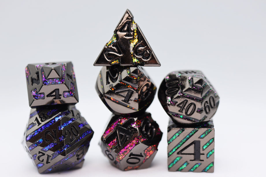 Foam Brain - Into the Mines: Black with Rainbow Mica - Metal RPG Dice Set