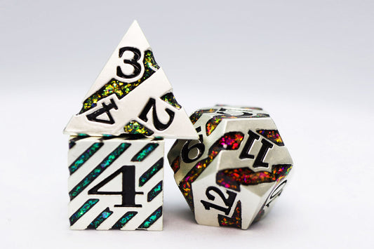 Foam Brain - Into the Mines: Platinum with Rainbow Mica - Metal RPG Dice Set