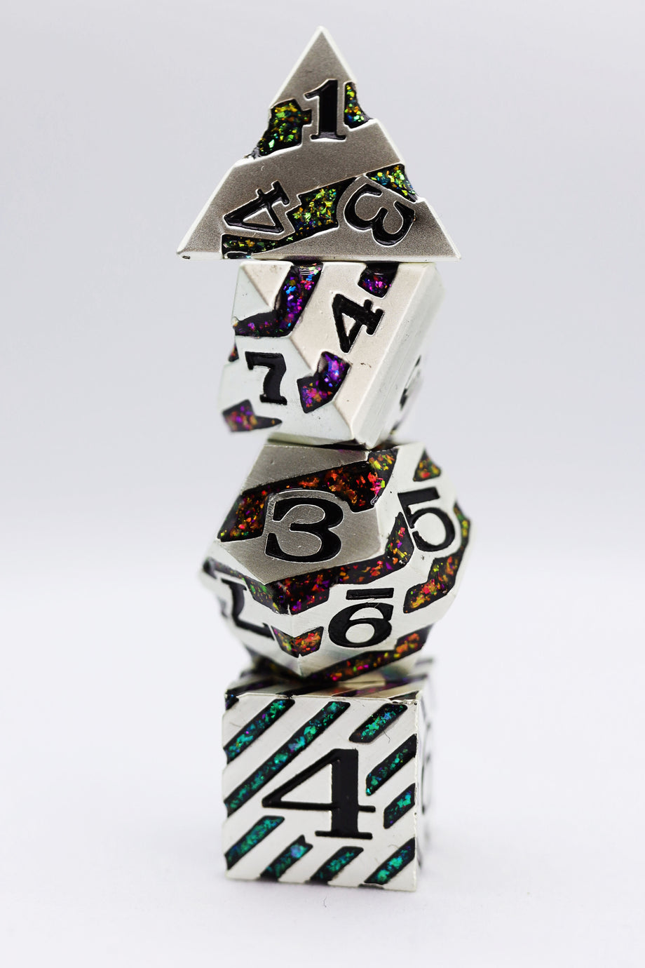 Foam Brain - Into the Mines: Platinum with Rainbow Mica - Metal RPG Dice Set